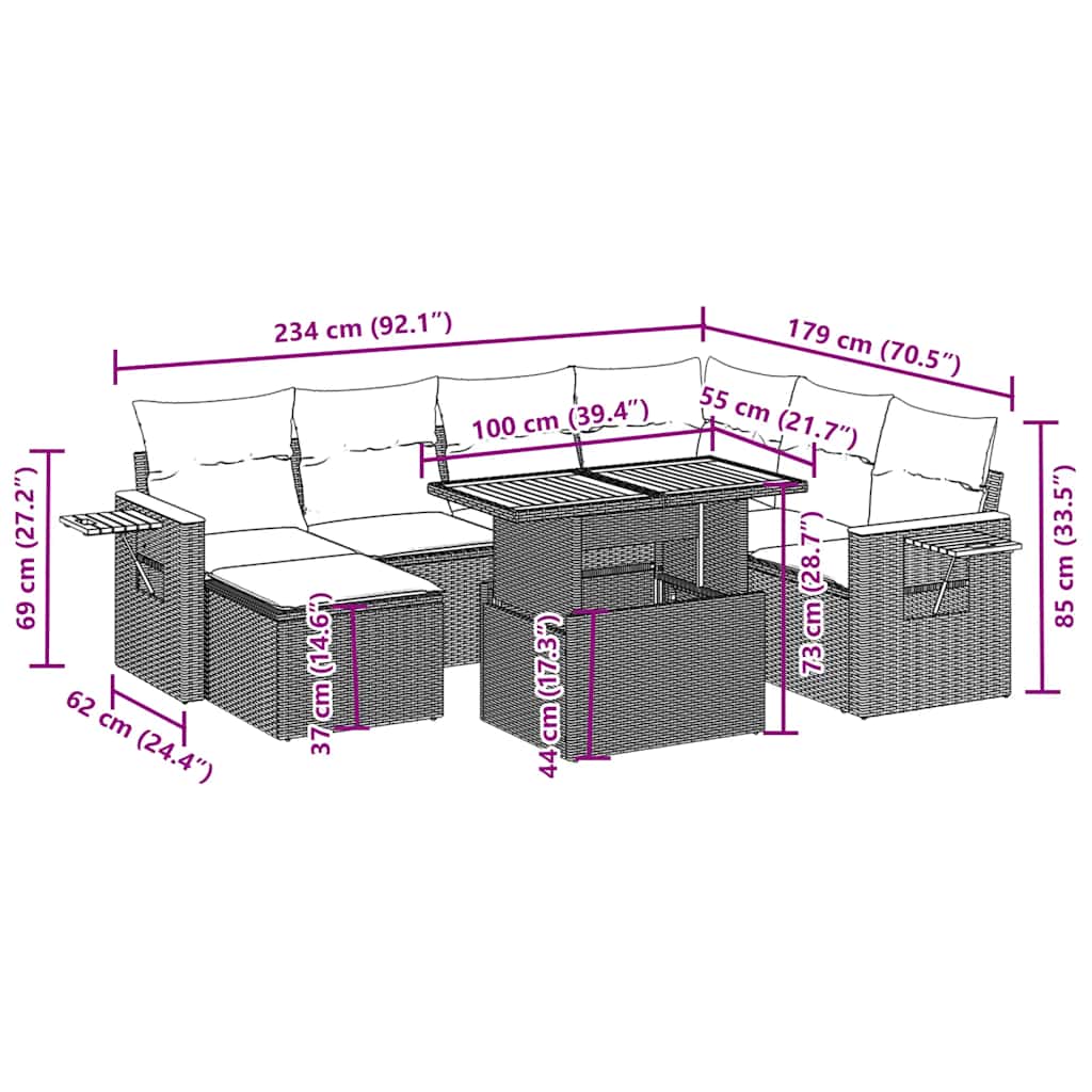 8 Pcs conjunto sofás de jardim com almofadões vime PE preto