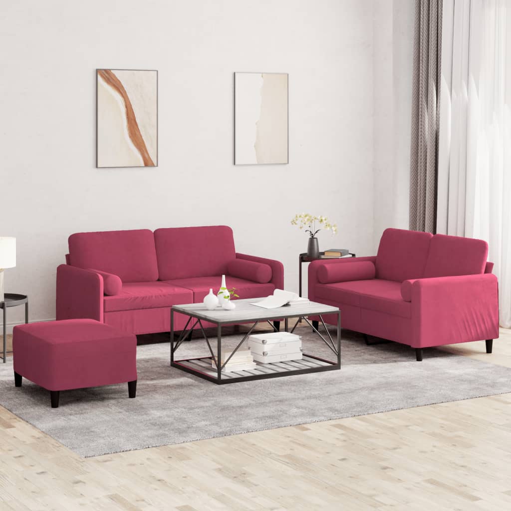 3 Pcs conjunto de sofás com almofadas veludo vermelho-tinto