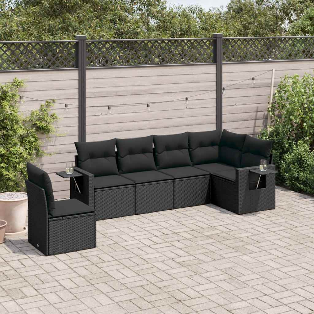 6 Pcs conjunto sofás de jardim c/ almofadões vime PE preto