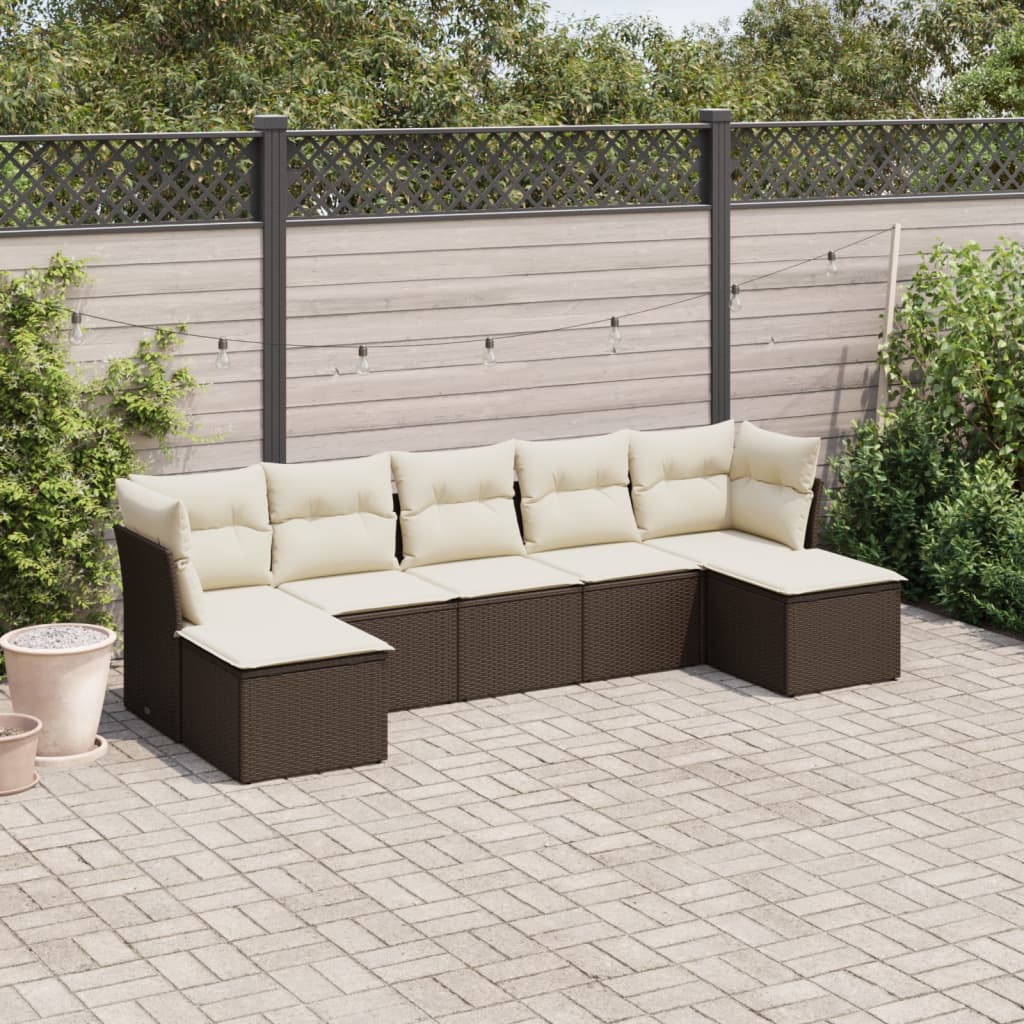 7 Pcs conjunto de sofás jardim c/ almofadões vime PE castanho