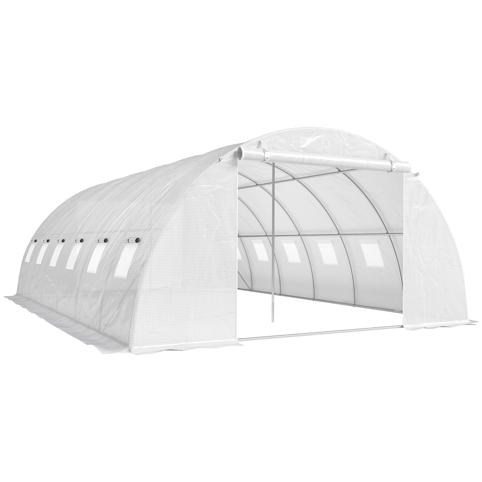 Estufa tipo túnel com 2 barras de suporte, 2 portas enroláveis e janelas com rede, cobertura de PE anti-UV branco