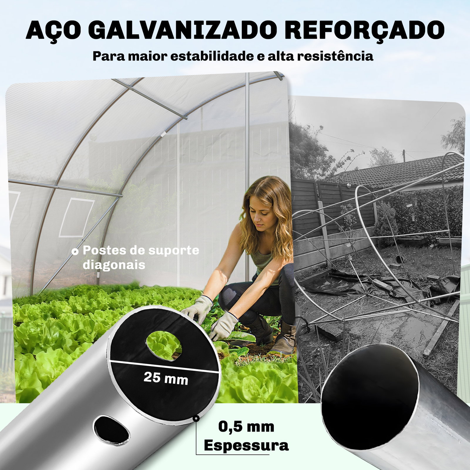 Estufa tipo túnel com 2 barras de suporte, 2 portas enroláveis e janelas com rede, cobertura de PE anti-UV branco