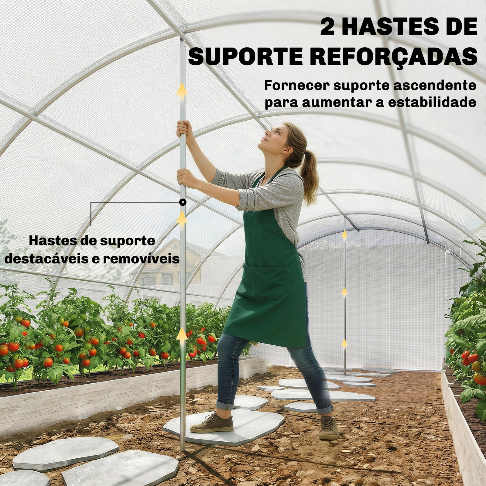 Estufa tipo túnel com 2 barras de suporte, 2 portas enroláveis e janelas com rede, cobertura de PE anti-UV branco
