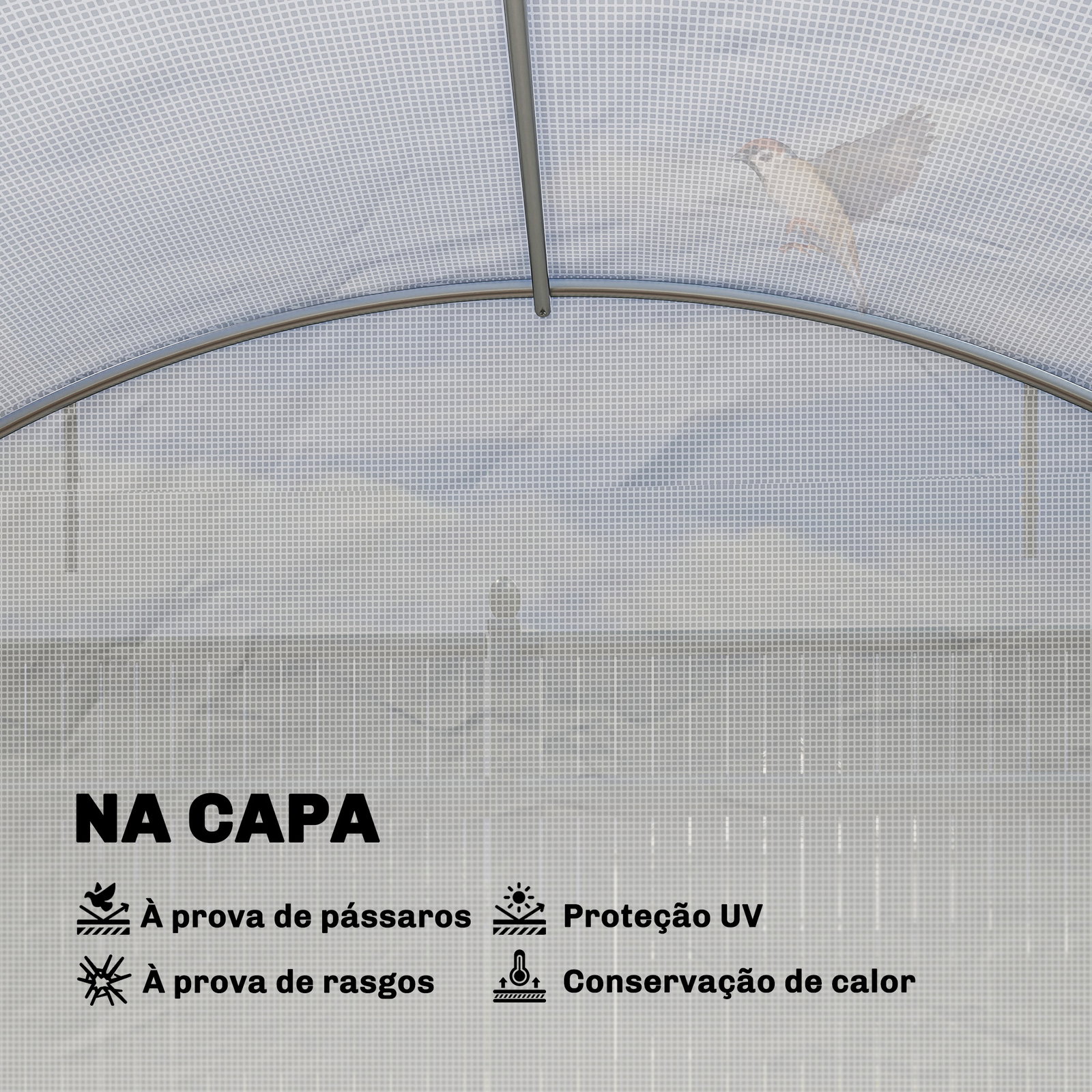 Estufa tipo túnel com 2 barras de suporte, 2 portas enroláveis e janelas com rede, cobertura de PE anti-UV branco