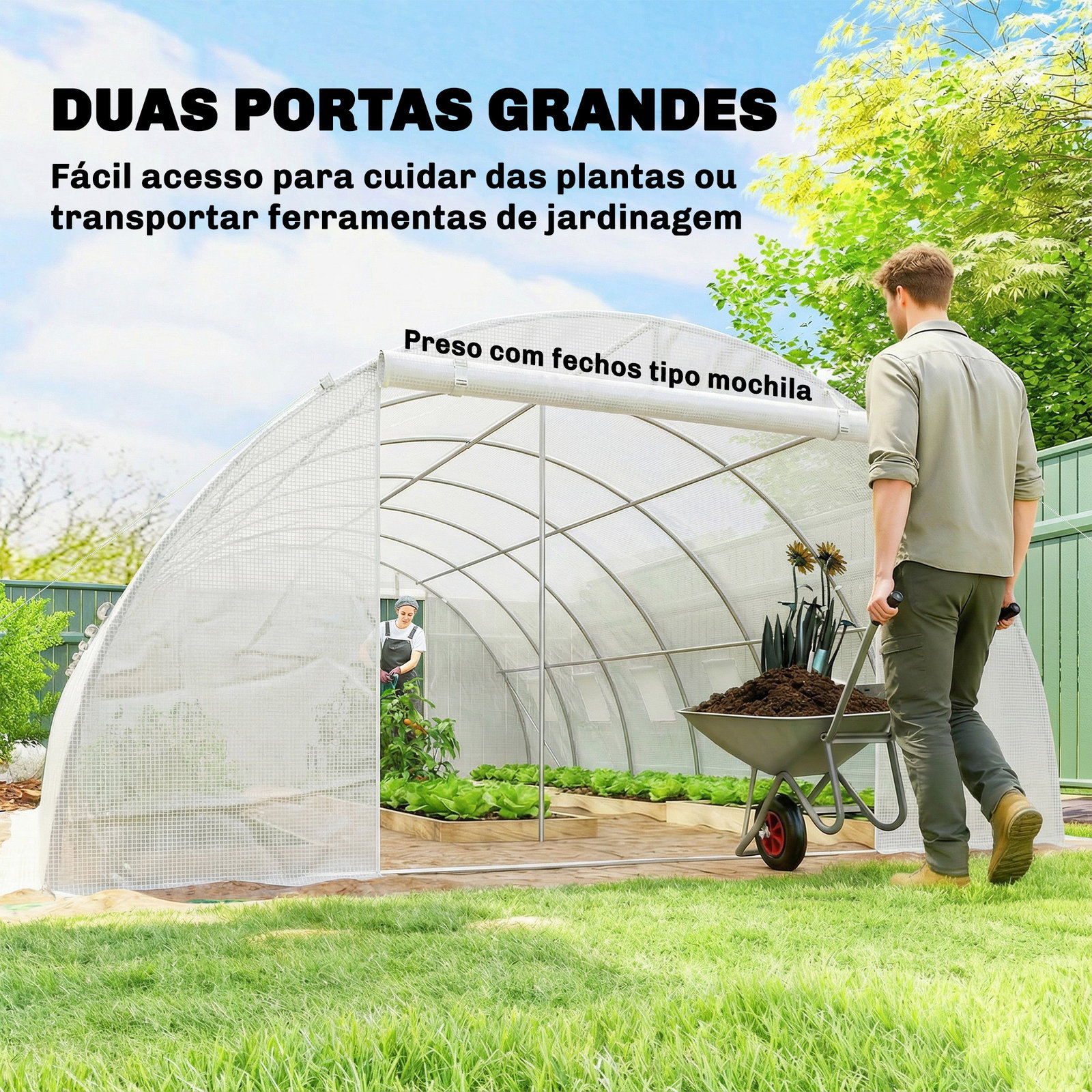 Estufa tipo túnel com 2 barras de suporte, 2 portas enroláveis e janelas com rede, cobertura de PE anti-UV branco
