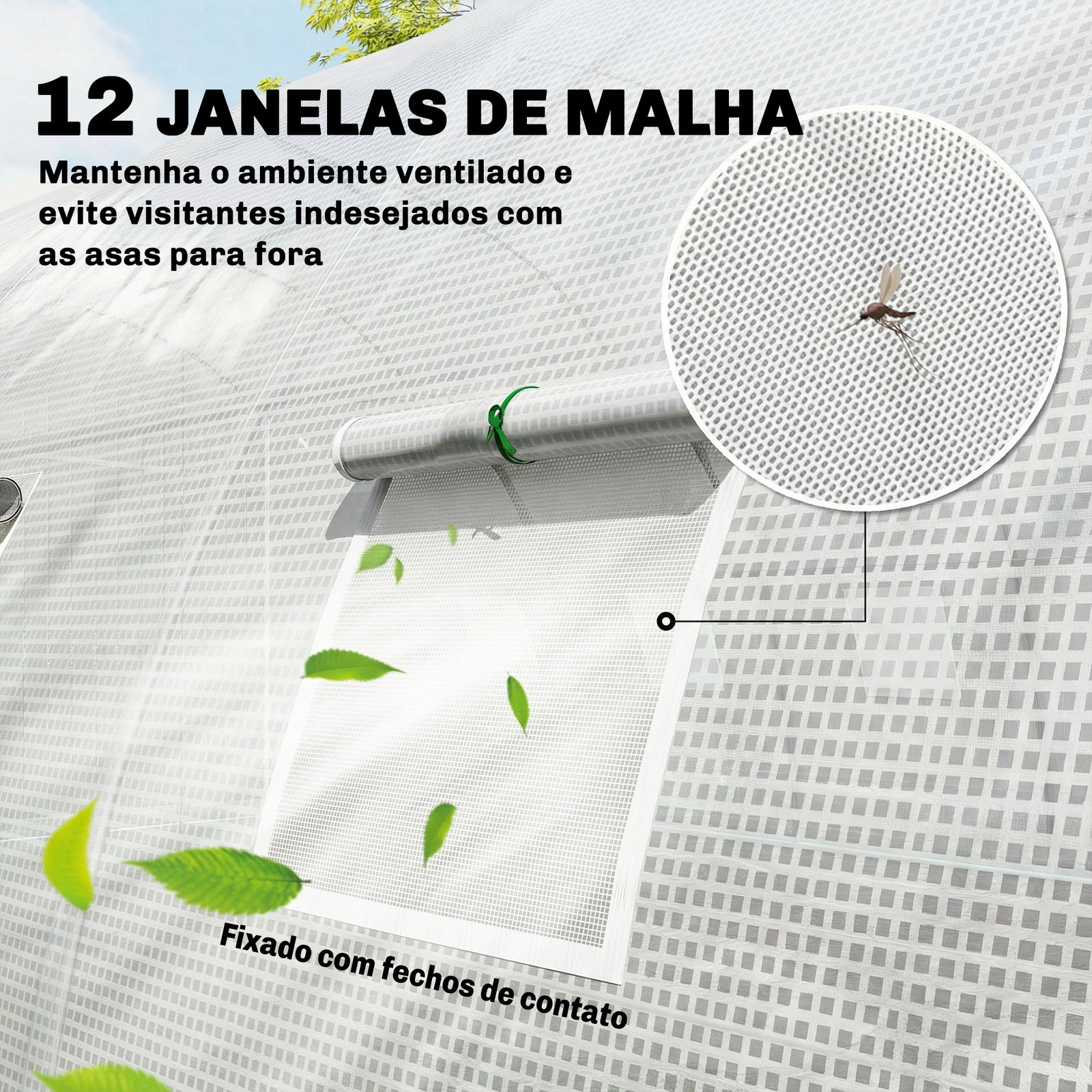 Estufa tipo túnel com 2 barras de suporte, 2 portas enroláveis e janelas com rede, cobertura de PE anti-UV branco