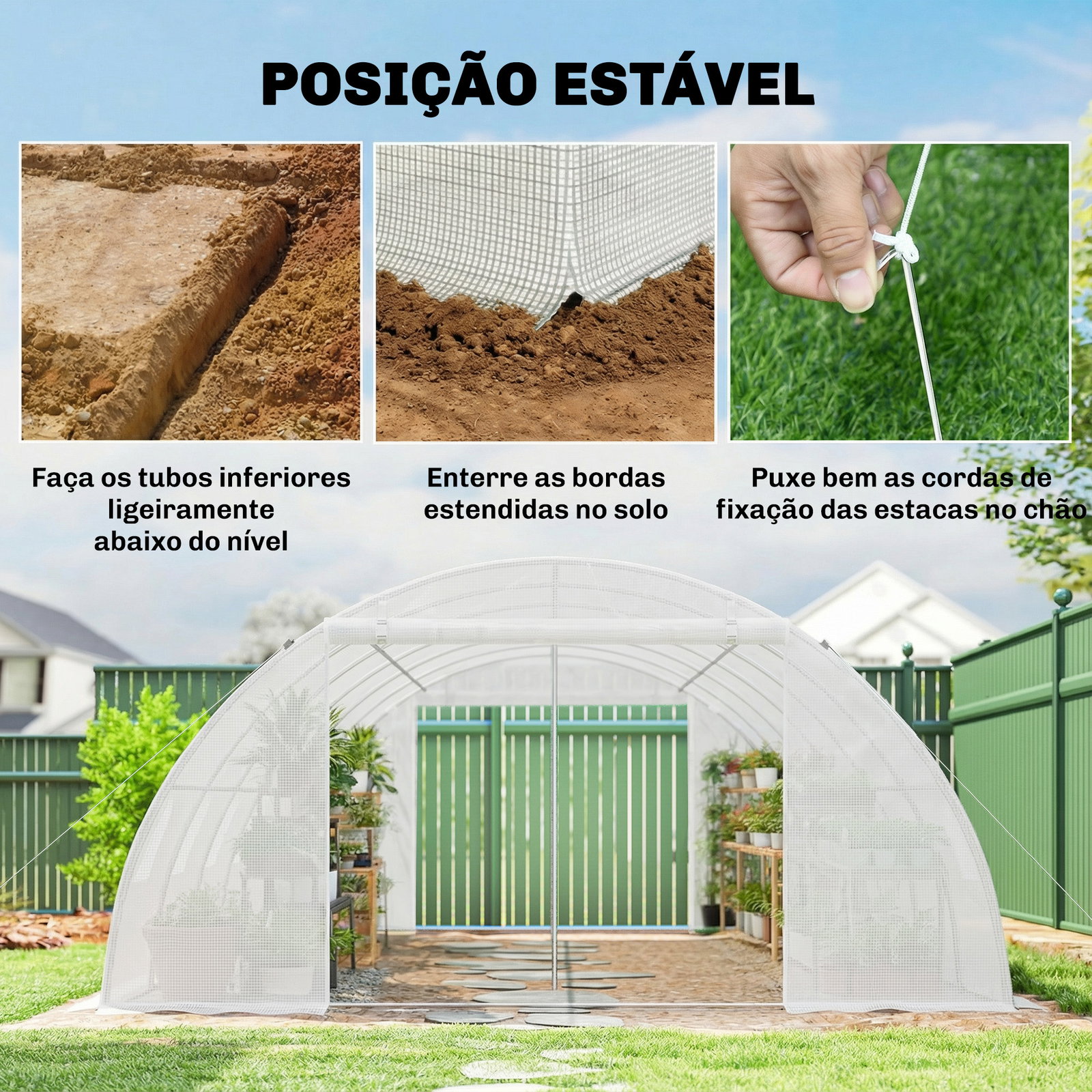 Estufa tipo túnel com 2 barras de suporte, 2 portas enroláveis e janelas com rede, cobertura de PE anti-UV branco