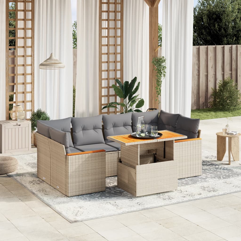 7 Pcs conjunto de sofás p/ jardim com almofadões vime PE bege