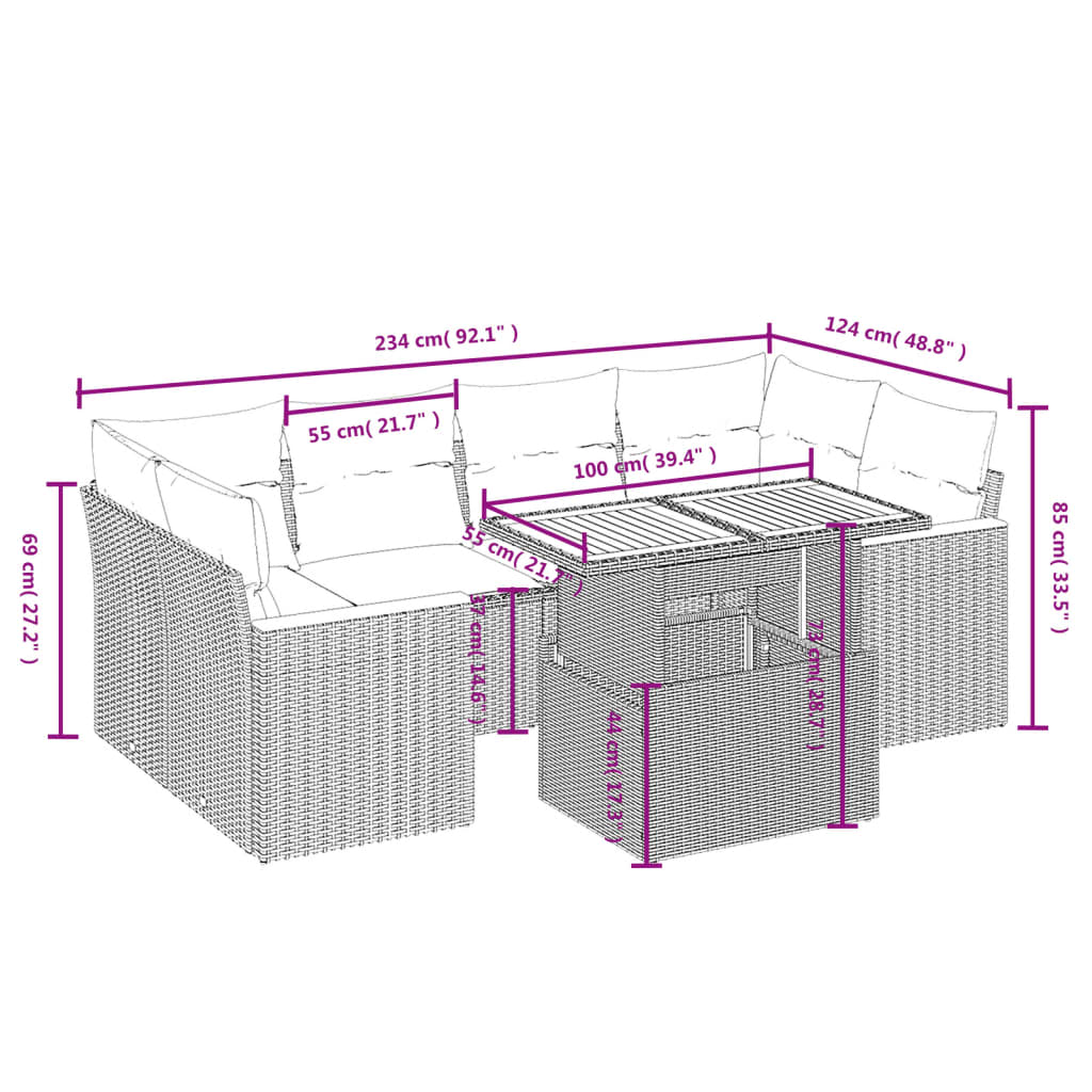 7 Pcs conjunto de sofás p/ jardim com almofadões vime PE bege