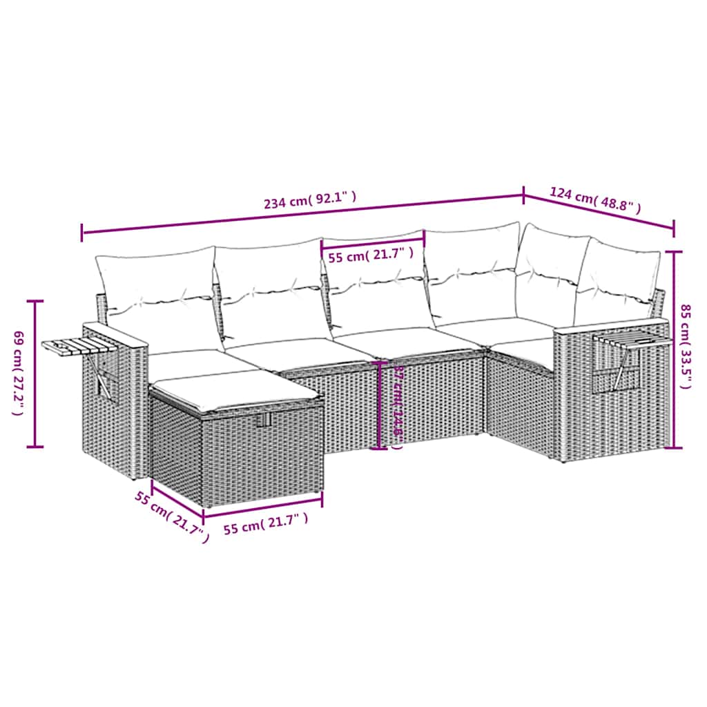 6 Pcs conjunto sofás de jardim c/ almofadões vime PE preto
