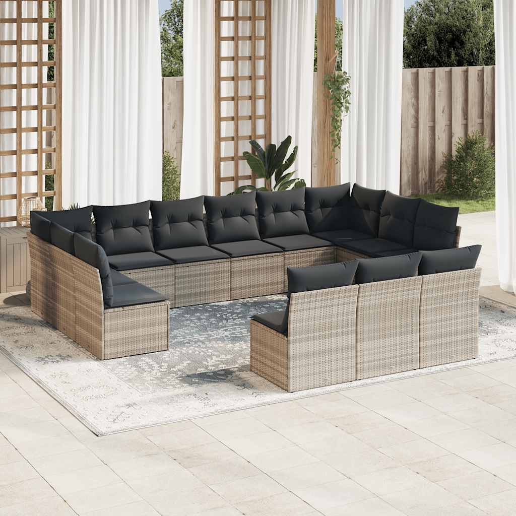 13 Pcs conj. sofás jardim c/ almofadões vime PE cinzento-claro