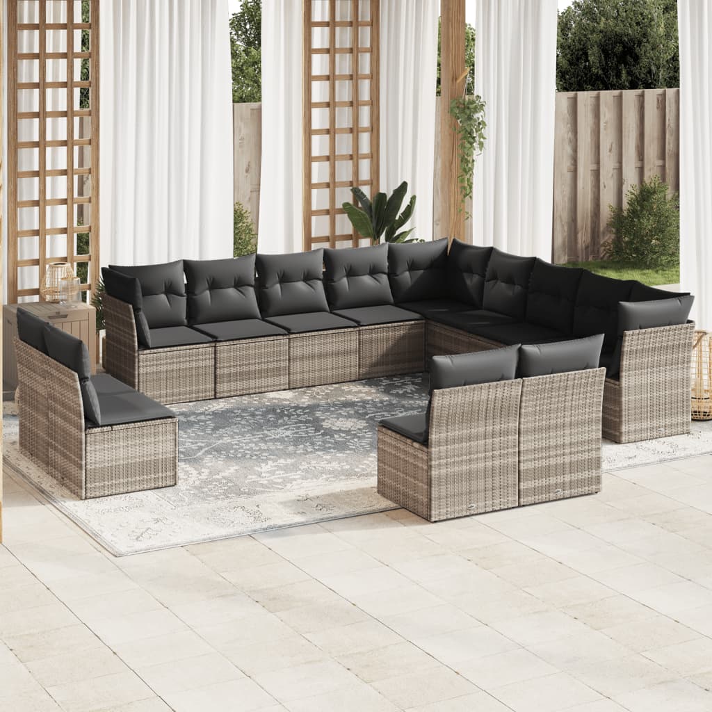 13 Pcs conj. sofás jardim c/ almofadões vime PE cinzento-claro