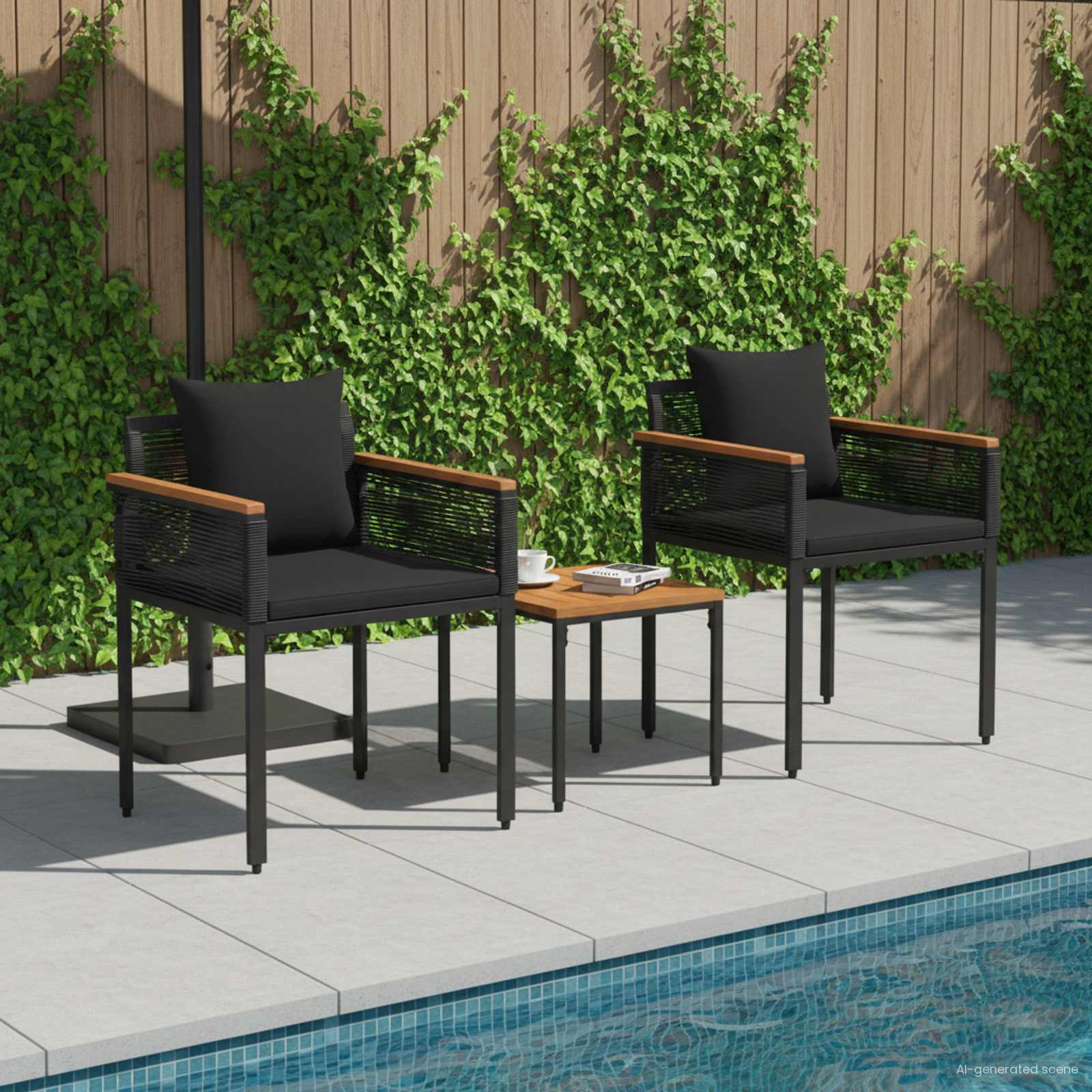 Conjunto de móveis para exterior com almofada preto vime PE