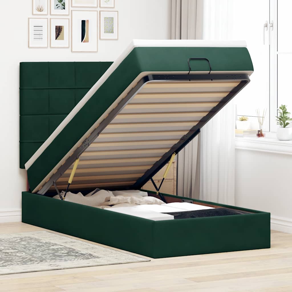 Estrutura cama otomana colchões 90x190cm veludo verde escuro