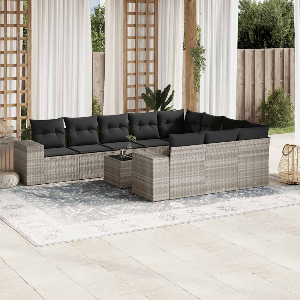 11 Pcs conjunto sofás de jardim c/ almofadões vime PE cinzento