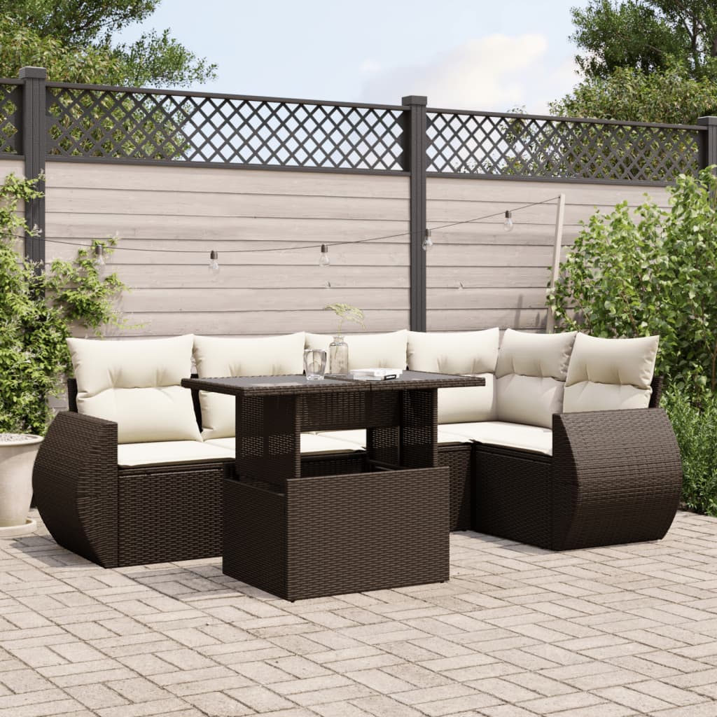 6 Pcs conjunto de sofás jardim c/ almofadões vime PE castanho