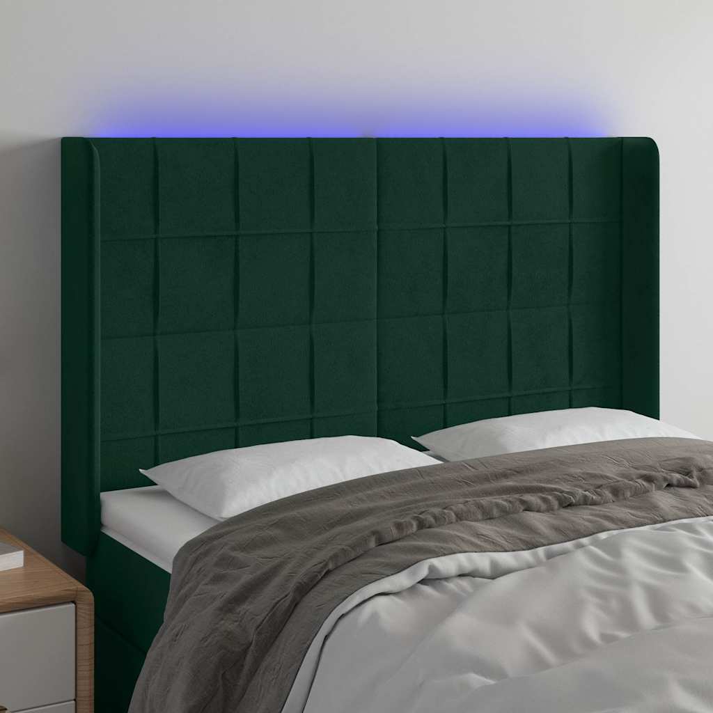 Cabeceira de cama c/ LED veludo 147x16x118/128 cm verde-escuro