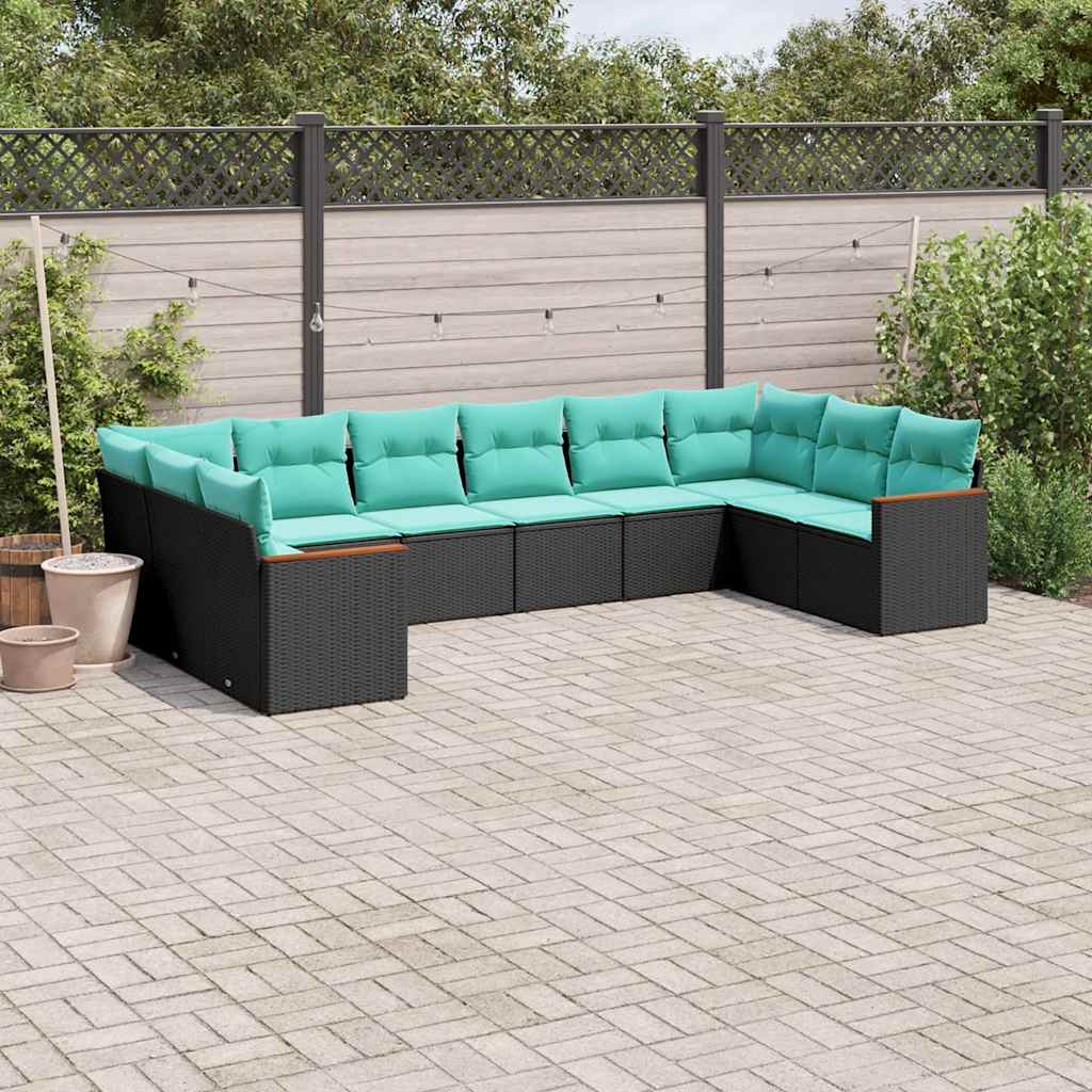 Conjunto de sofá de jardim com 10 peças e almofadas em rattan sintético preto