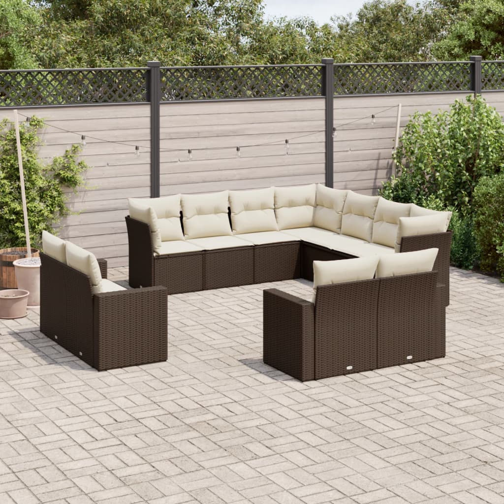 11 Pcs conjunto sofás de jardim c/ almofadões vime PE castanho