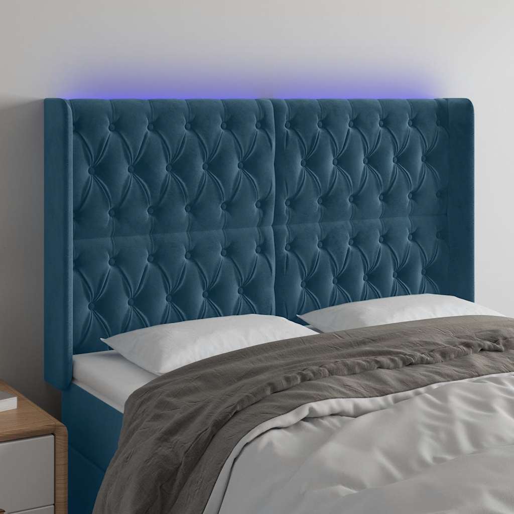 Cabeceira cama c/ luzes LED veludo 163x16x118/128cm azul-escuro
