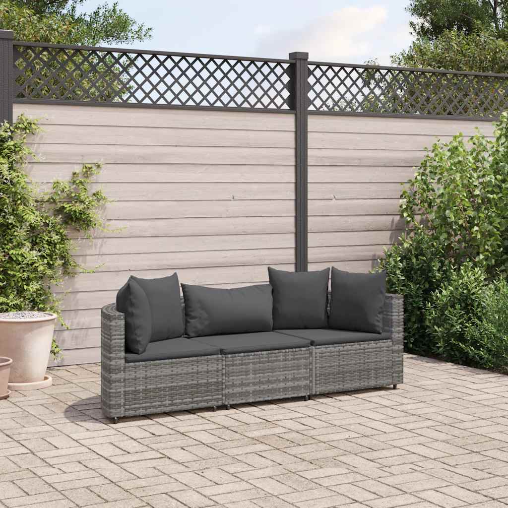 3 Pcs conjunto sofás de jardim c/ almofadões vime PE cinzento