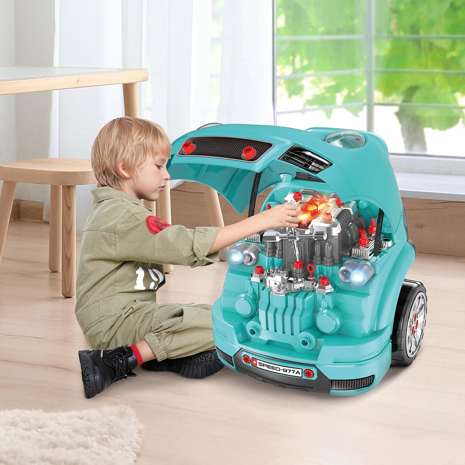 Motor de Caminhão para Crianças acima de 3 Anos Conjunto de Motor de Brinquedo com 61 Peças Volante Buzina Faróis Caixa de Armaz