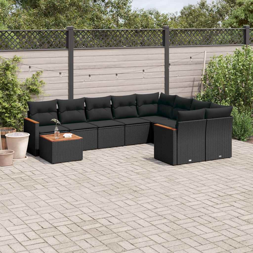 10 Pcs conjunto sofás de jardim c/ almofadões vime PE preto