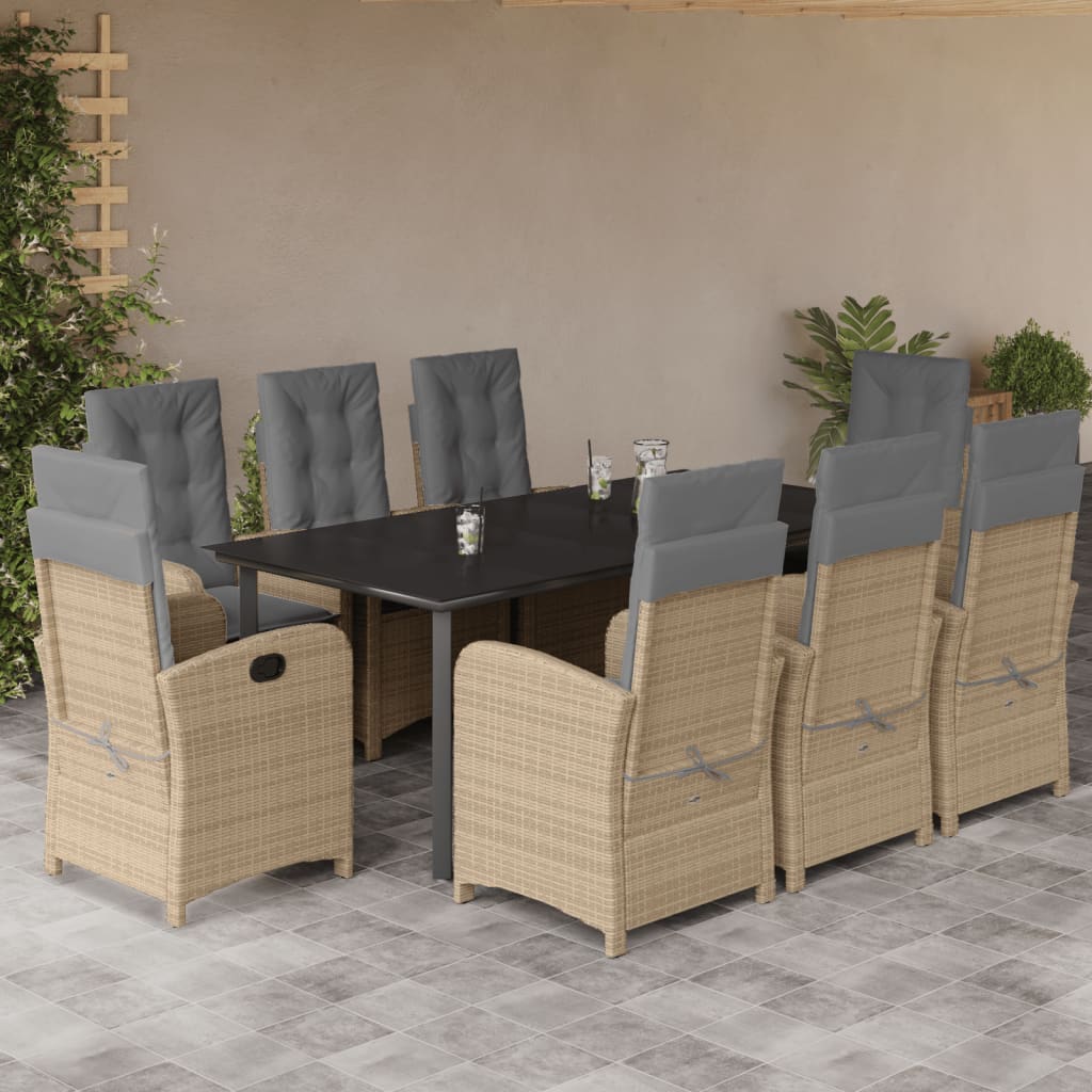 9 Pcs conj. jantar jardim c/ almofadões vime PE bege misturado