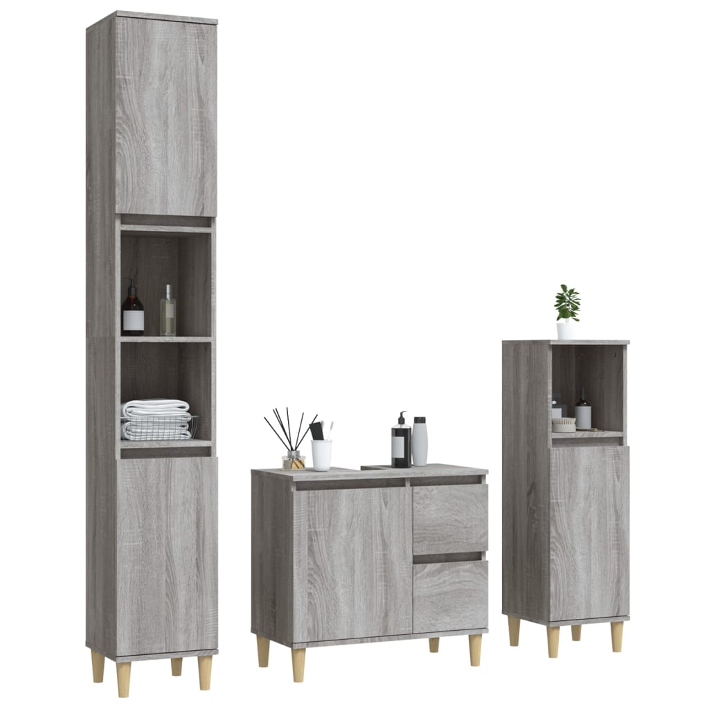 3 Pcs conjunto móveis wc derivados de madeira cinzento sonoma