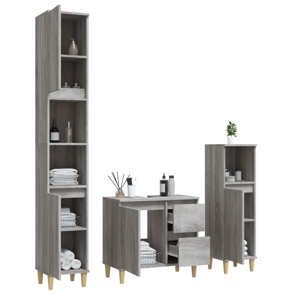 3 Pcs conjunto móveis wc derivados de madeira cinzento sonoma
