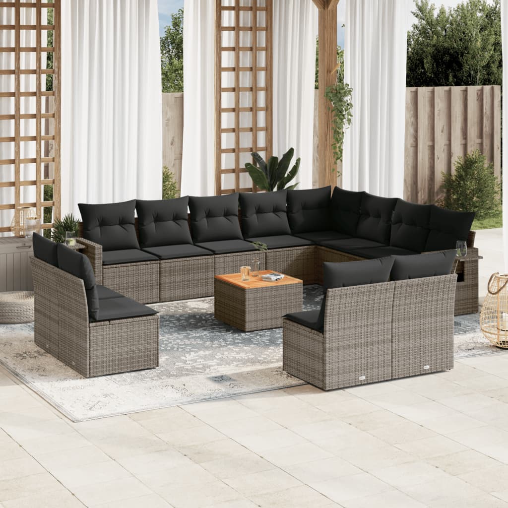 13 Pcs conjunto sofás p/ jardim c/ almofadões vime PE cinzento