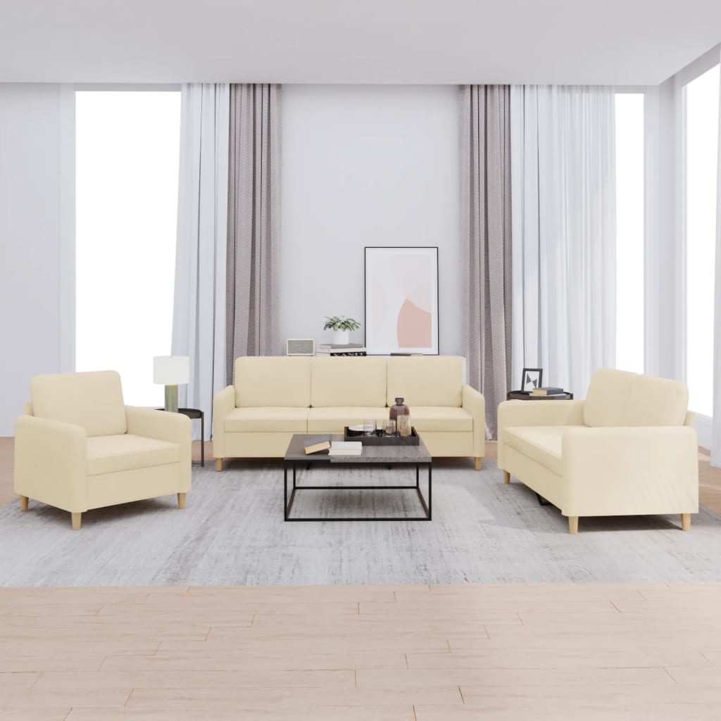 3 Pcs conjunto de sofás com almofadões tecido cor creme