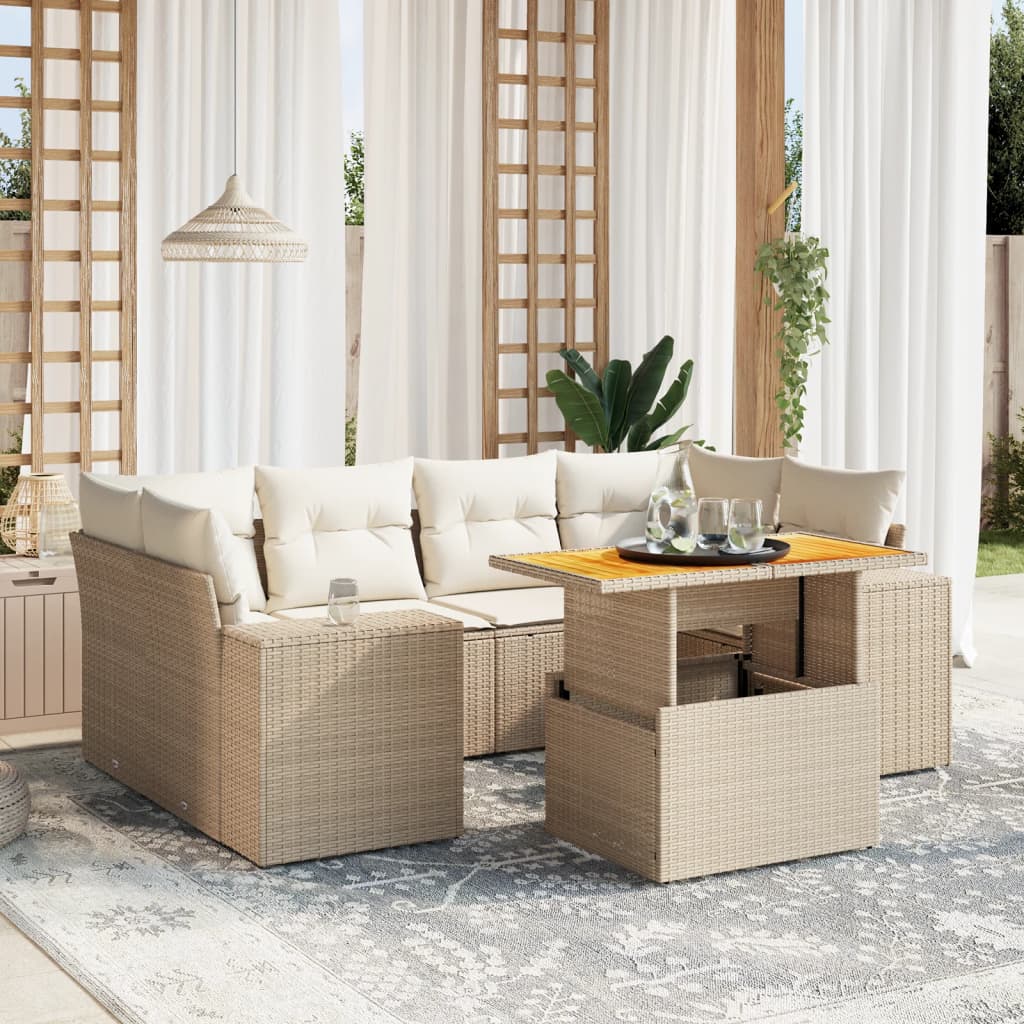 7 Pcs conjunto de sofás p/ jardim com almofadões vime PE bege