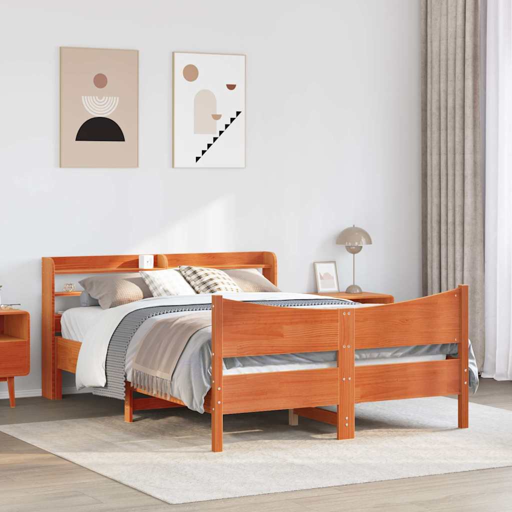 Estrutura cama c/ cabeceira 150x200cm pinho maciço castanho-mel