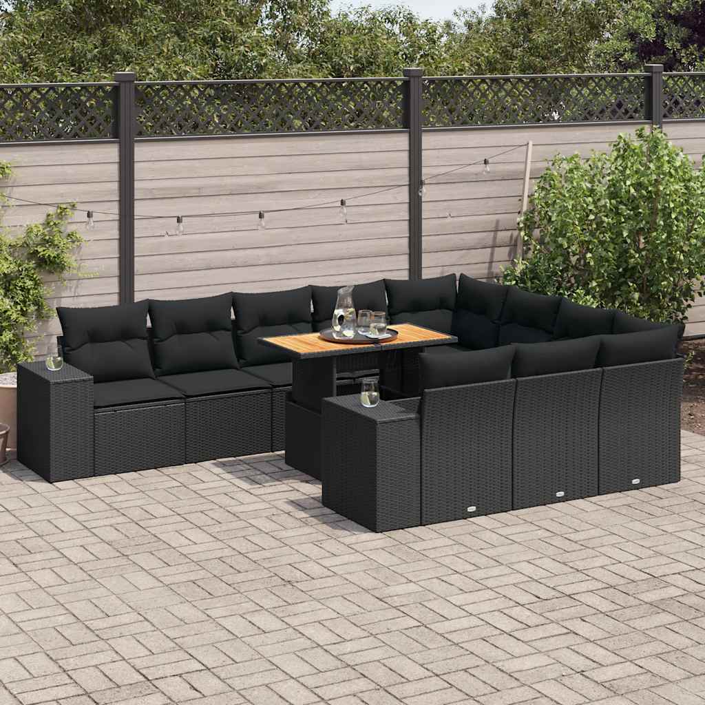 10 Pcs conjunto sofás jardim c/ almofadões vime PE/acácia preto