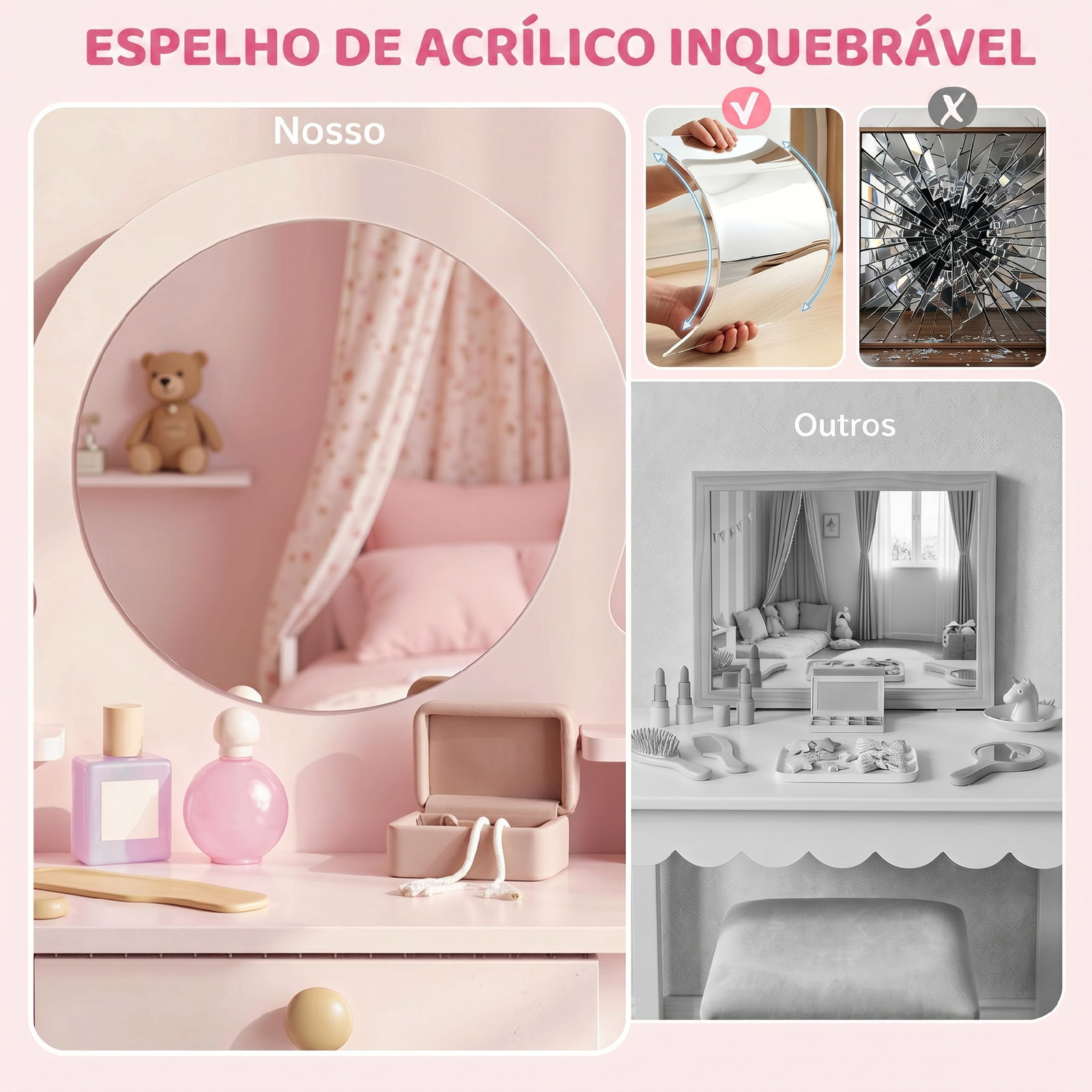 Toucador infantil com banqueta, espelho, gaveta e 2 prateleiras abertas para crianças 3 a 6 anos rosa