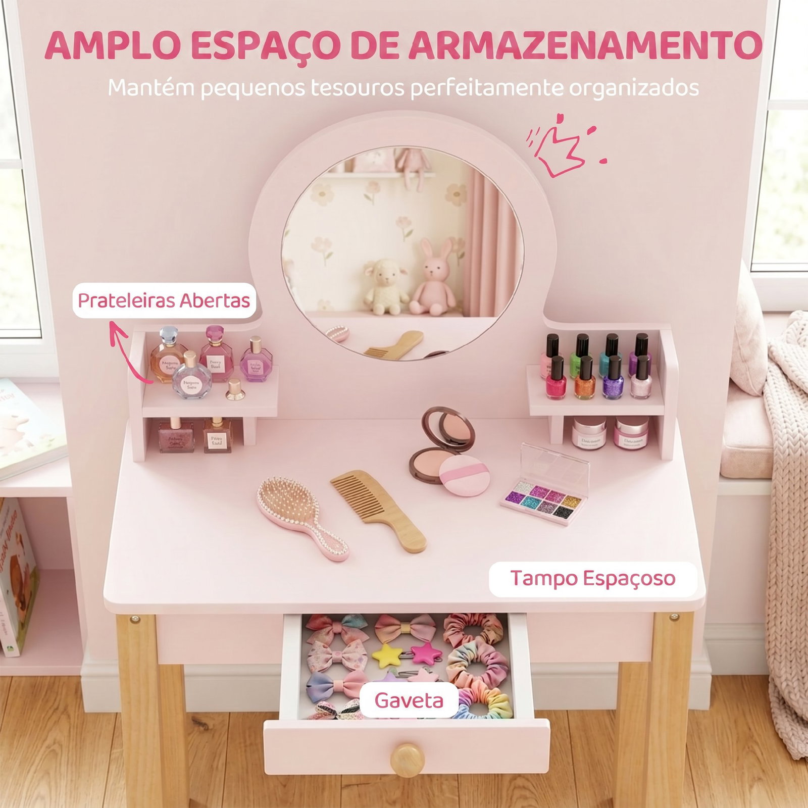 Toucador infantil com banqueta, espelho, gaveta e 2 prateleiras abertas para crianças 3 a 6 anos rosa