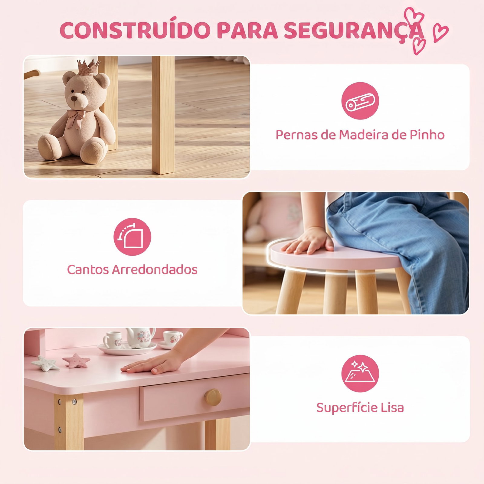 Toucador infantil com banqueta, espelho, gaveta e 2 prateleiras abertas para crianças 3 a 6 anos rosa