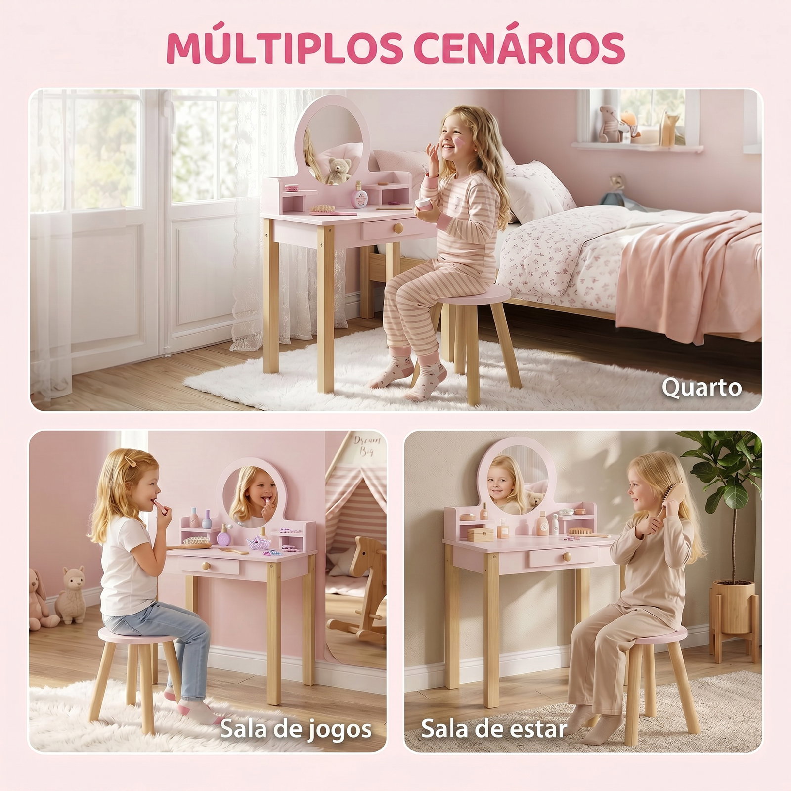 Toucador infantil com banqueta, espelho, gaveta e 2 prateleiras abertas para crianças 3 a 6 anos rosa