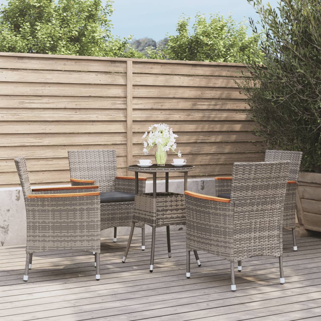 5 Pcs conjunto bistrô de jardim c/ almofadões vime PE cinza