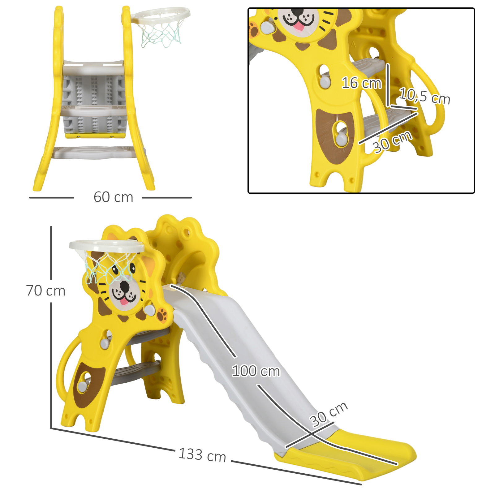Escorrega para crianças 2 em 1 com 2 degraus cesta de basquetebol e desenho de leão para interior 131x50x74 cm amarelo e cinza