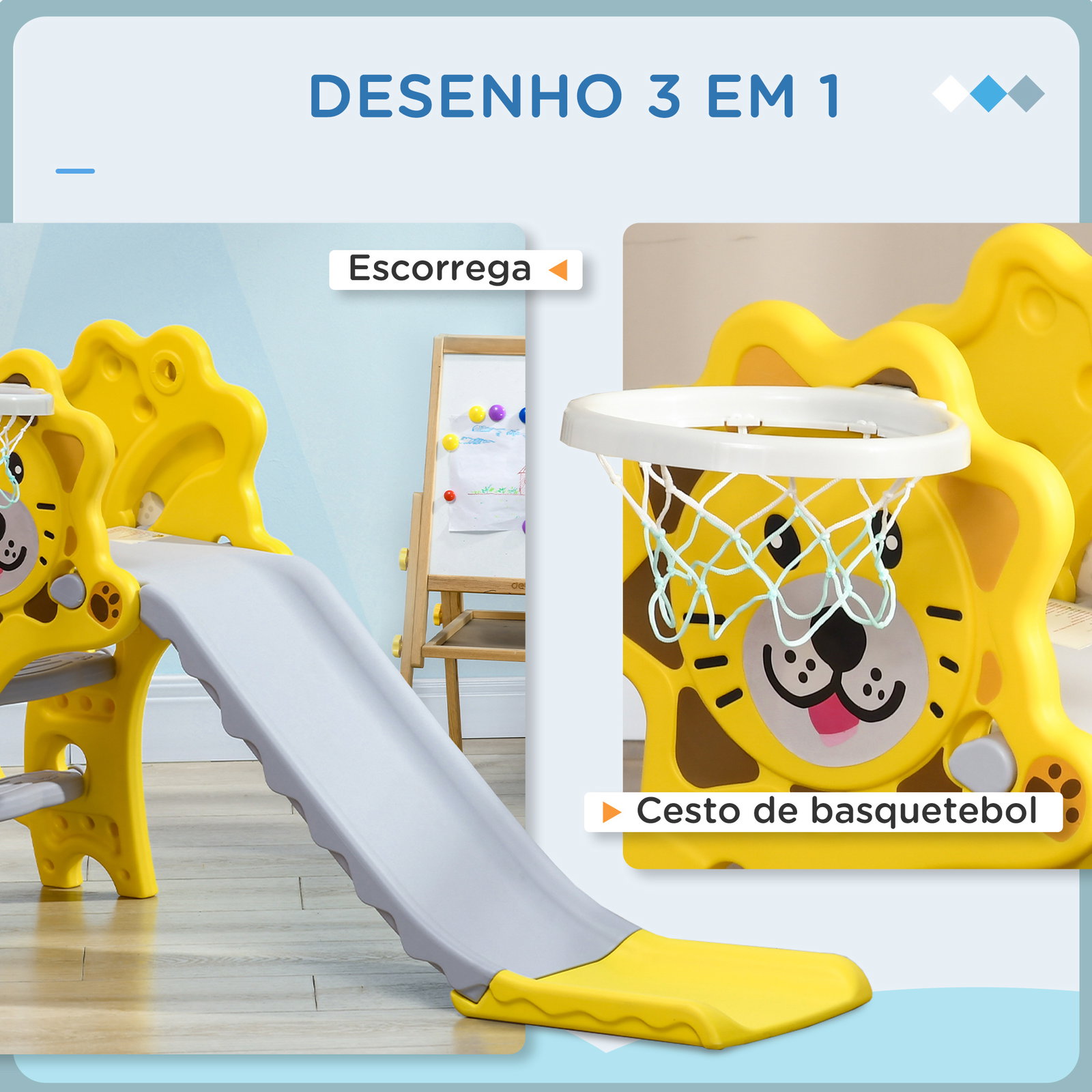 Escorrega para crianças 2 em 1 com 2 degraus cesta de basquetebol e desenho de leão para interior 131x50x74 cm amarelo e cinza