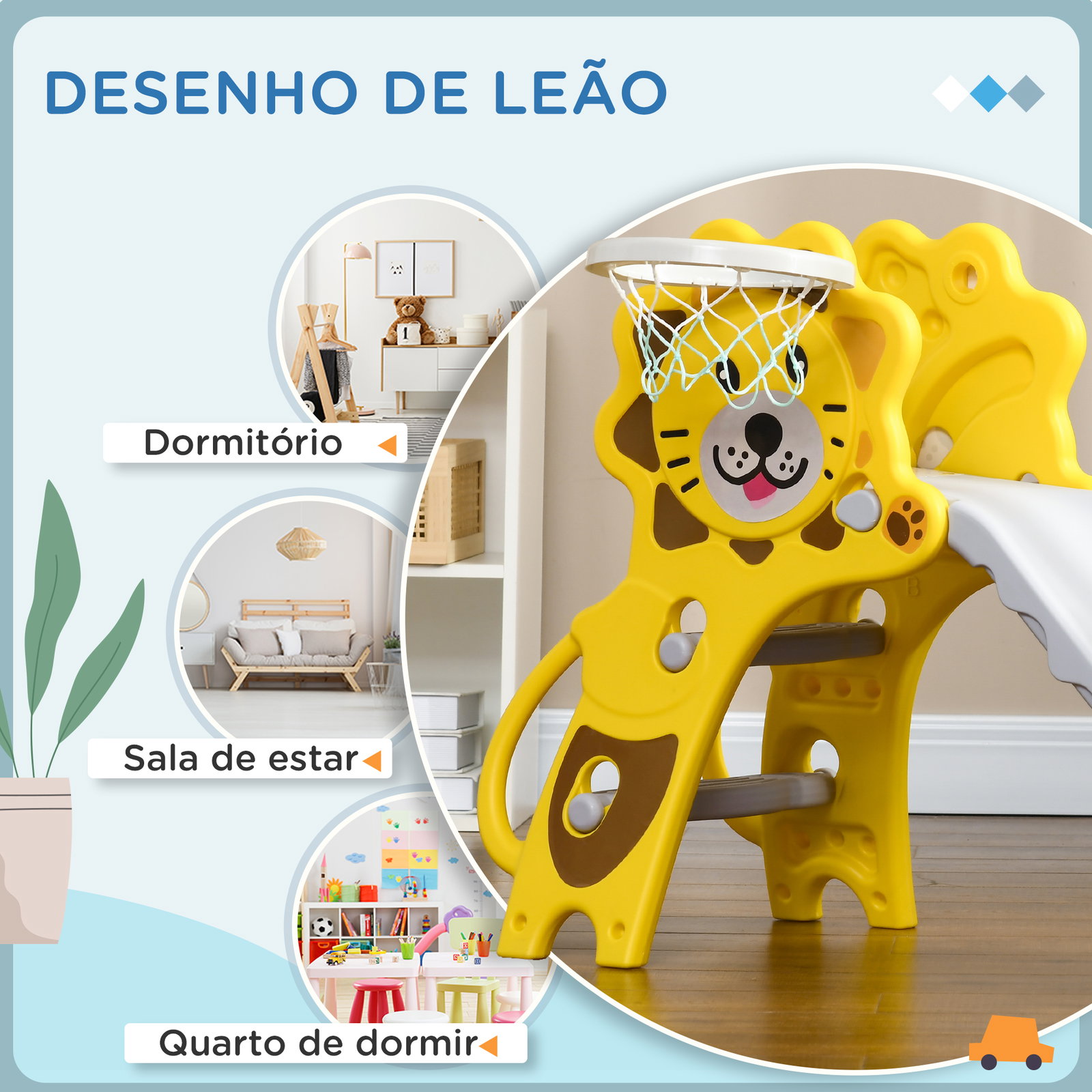 Escorrega para crianças 2 em 1 com 2 degraus cesta de basquetebol e desenho de leão para interior 131x50x74 cm amarelo e cinza