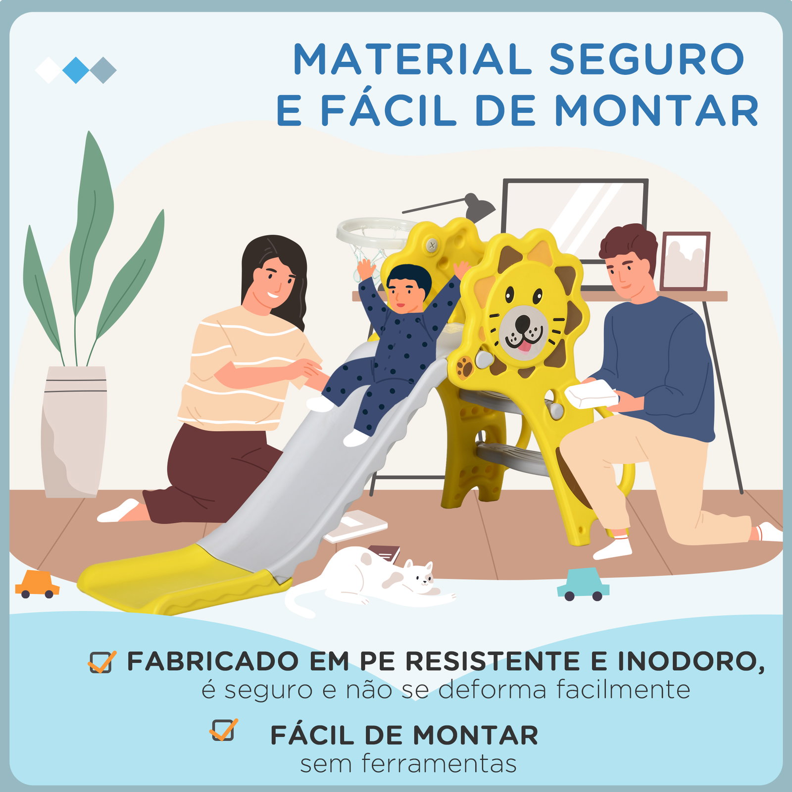 Escorrega para crianças 2 em 1 com 2 degraus cesta de basquetebol e desenho de leão para interior 131x50x74 cm amarelo e cinza