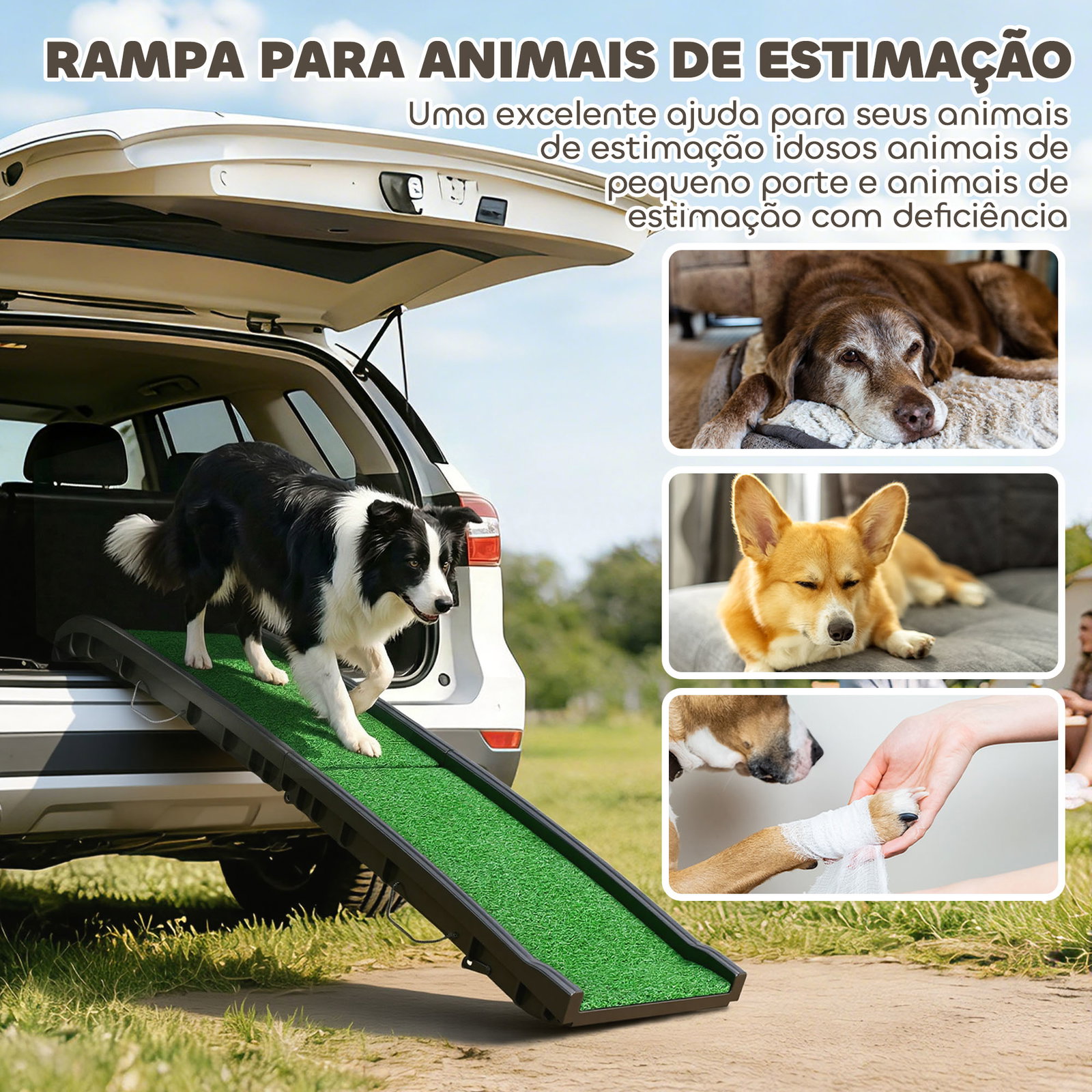 Rampa para cães com relva artificial 155 cm dobrável com pega ângulo ajustável verde