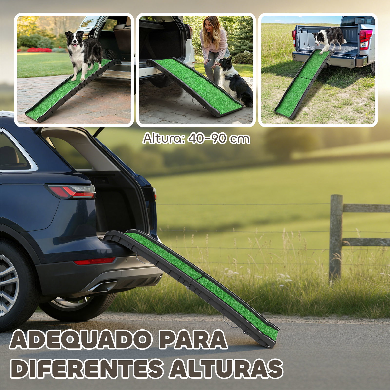 Rampa para cães com relva artificial 155 cm dobrável com pega ângulo ajustável verde