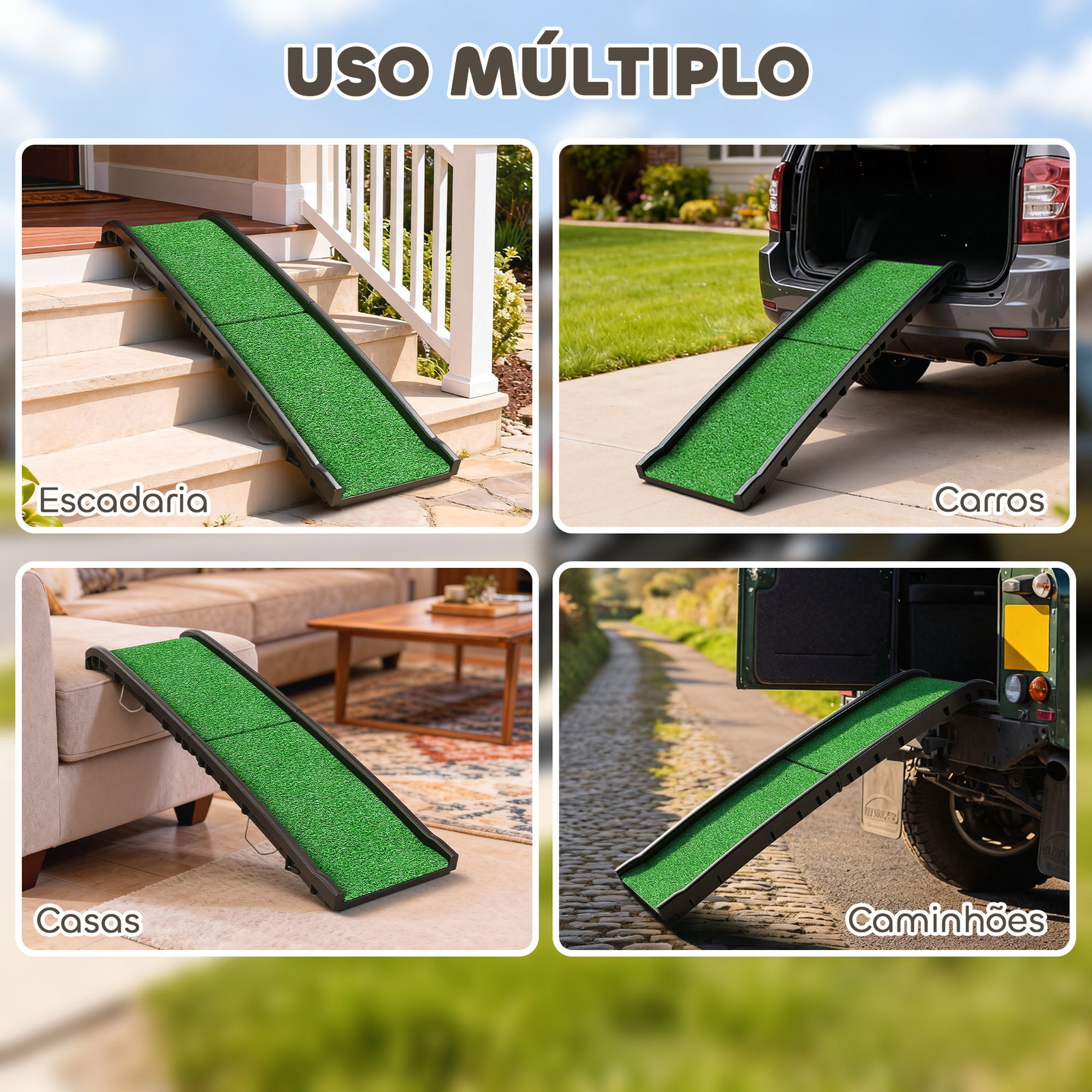 Rampa para cães com relva artificial 155 cm dobrável com pega ângulo ajustável verde