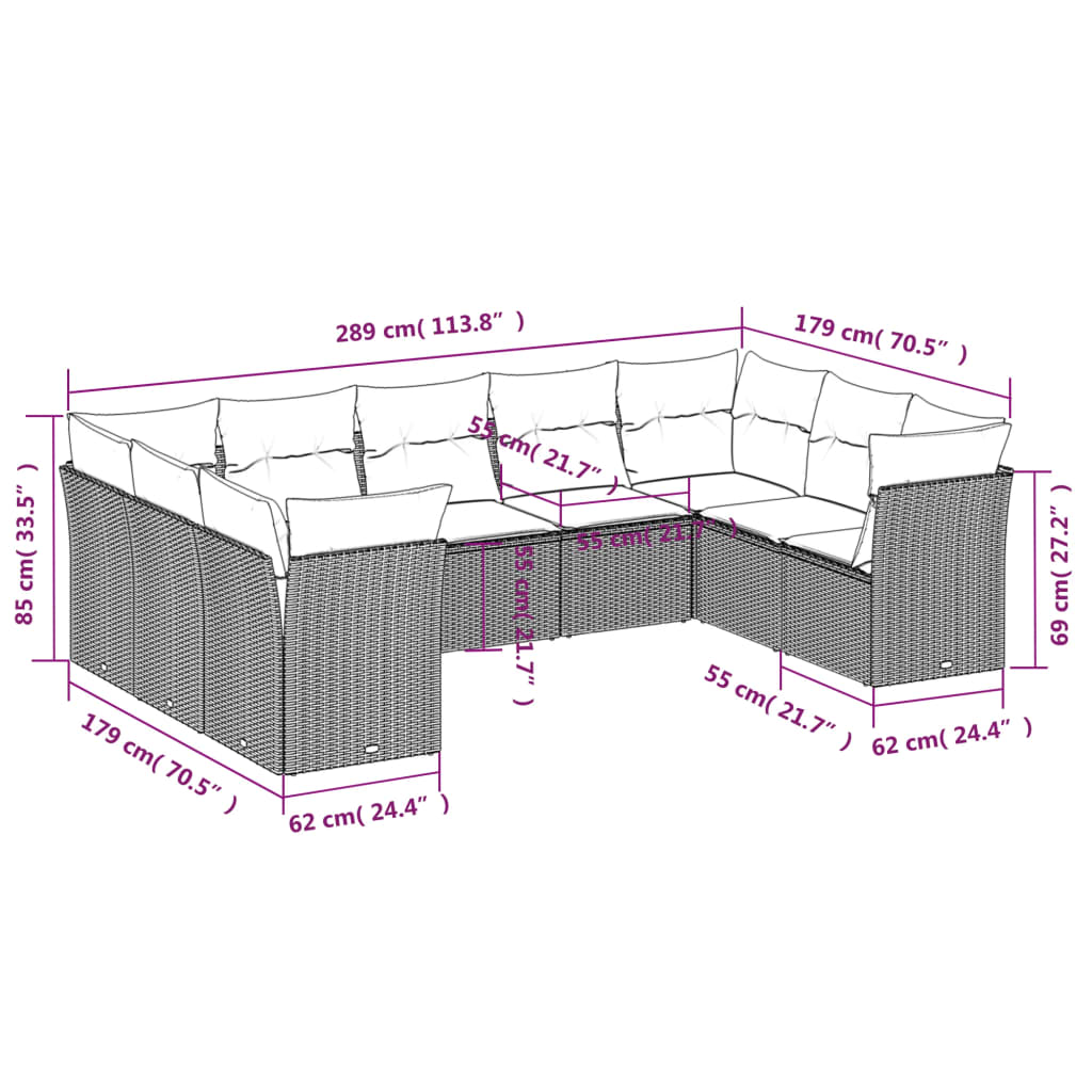 9 Pcs conjunto de sofás p/ jardim c/ almofadões vime PE preto