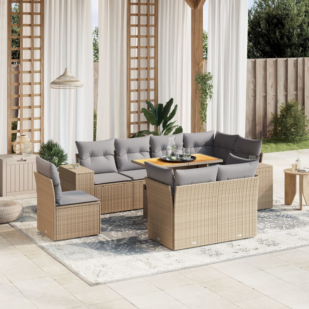 9 Pcs conjunto de sofás p/ jardim com almofadões vime PE bege
