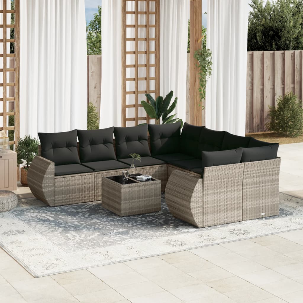 9 Pcs conj. sofás jardim com almofadões vime PE cinzento-claro